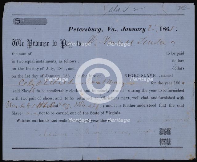 Promissory note for hire of slave Cely and two children, 1865-01-02. Creator: Unknown.