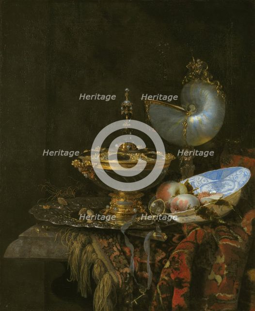 Pronk Still Life with Holbein Bowl, Nautilus Cup, Glass Goblet and Fruit Dish, 1678. Creator: Willem Kalf.