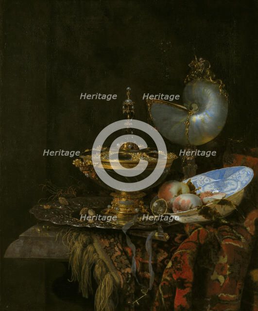 Pronk Still Life with Holbein Bowl, Nautilus Cup, Glass Goblet and Fruit Dish, 1678. Artist: Kalf, Willem (1619-1693)