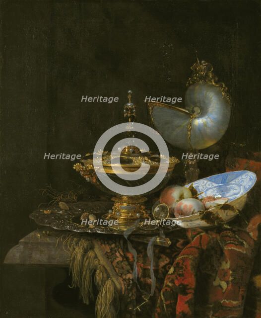 Pronk Still Life with Holbein Bowl, Nautilus Cup, Glass Goblet and Fruit Dish, 1678. Creator: Willem Kalf.