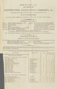 Prospectus for: An essay on colonization, cultivation, commerce, in consequence of a voyage..., 1794 Creator: Unknown