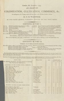 Prospectus for: An essay on colonization, cultivation, commerce, in consequence of a voyage..., 1794 Creator: Unknown