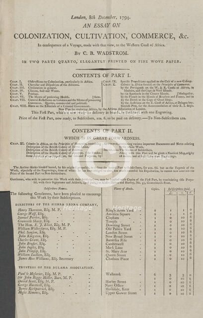 Prospectus for: An essay on colonization, cultivation, commerce, in consequence of a voyage..., 1794 Creator: Unknown.