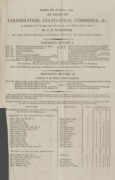 Prospectus for: An essay on colonization, cultivation, commerce, in consequence of a voyage..., 1794 Creator: Unknown