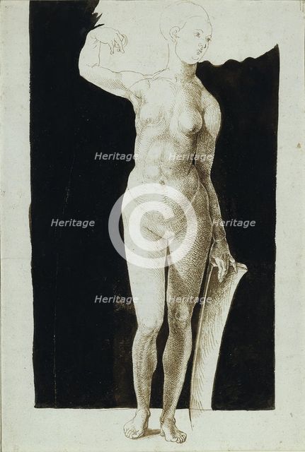 Proportion study of female nude with a shield, 1500. Artist: Dürer, Albrecht (1471-1528)