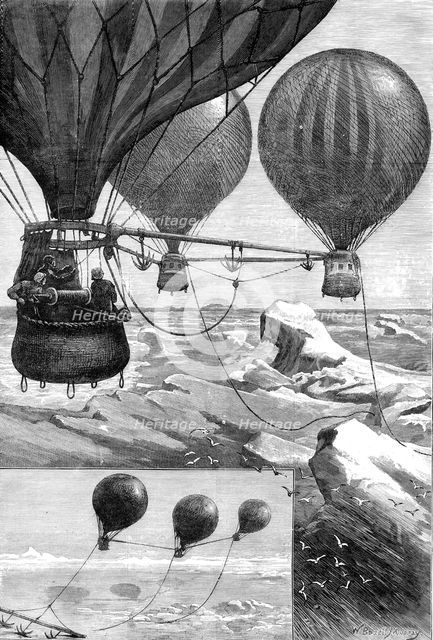 Proposed method of reaching the North Pole by balloons: balloons starting - balloons at anchor, 1880 Creator: Unknown.