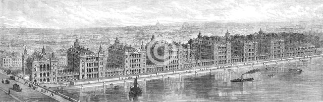 Proposed new buildings of St. Thomas's Hospital at Stangate, Lambeth, above Westminster Bridge, 1865 Creator: Unknown.