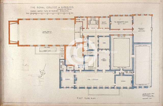 Proposed rebuilding of the Royal College of Surgeons of England: plan of first floor, 1944. Creators: Unknown, Alner W Hall.