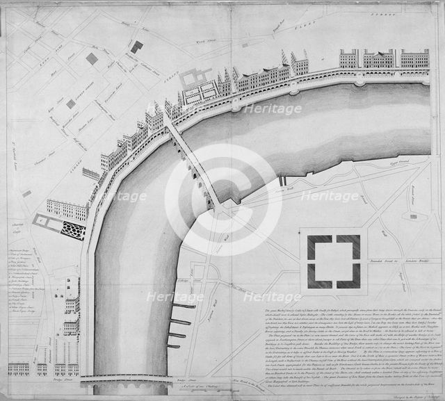 Proposed Thames embankment, London, 1760.                                             Artist: Anon