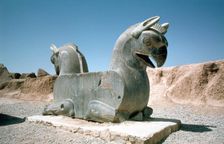 Protome of a double griffin, the Apadana, Persepolis, Iran. Creator: Vivienne Sharp