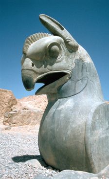 Protome of a double griffin, the Apadana, Persepolis, Iran. Creator: Vivienne Sharp