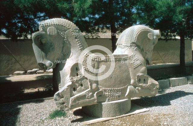 Protome of a double horse, the Apadana, Persepolis, Iran. Creator: Vivienne Sharp.