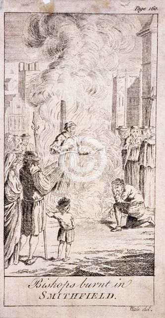 Protestant bishops being burnt at Smithfield, during the reign of Mary I, 16th century, (c1760). Artist: Anon