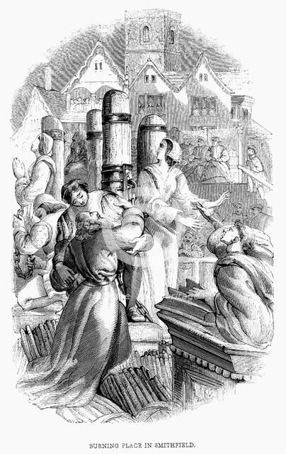 Protestants burned at the stake for refusing to deny their faith, Smithfield, London, 1556. Artist: Unknown