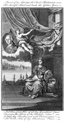 Proud of her George III; Britannia rears her chearful head, and leads the golden years