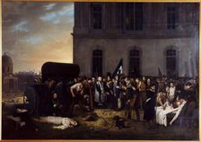 Provisional burial of July victims in front of the colonnade of the Louvre, 1831. Creator: Jean Alphonse Roehn