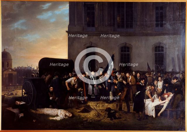 Provisional burial of July victims in front of the colonnade of the Louvre, 1831. Creator: Jean Alphonse Roehn.