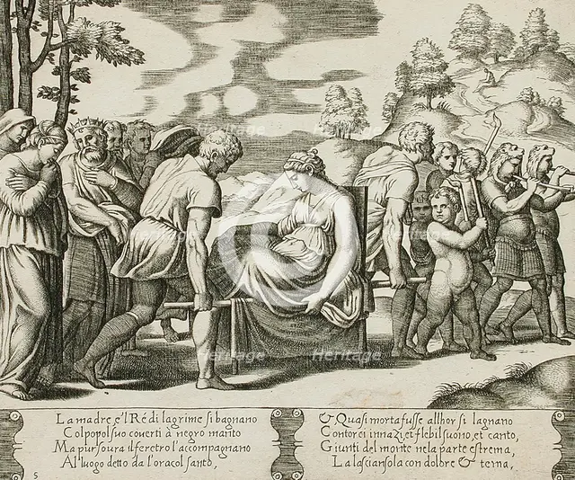Psyche carried on a litter being taken to a mountain, between 1520 and 1535. Creator: Master of the Die.