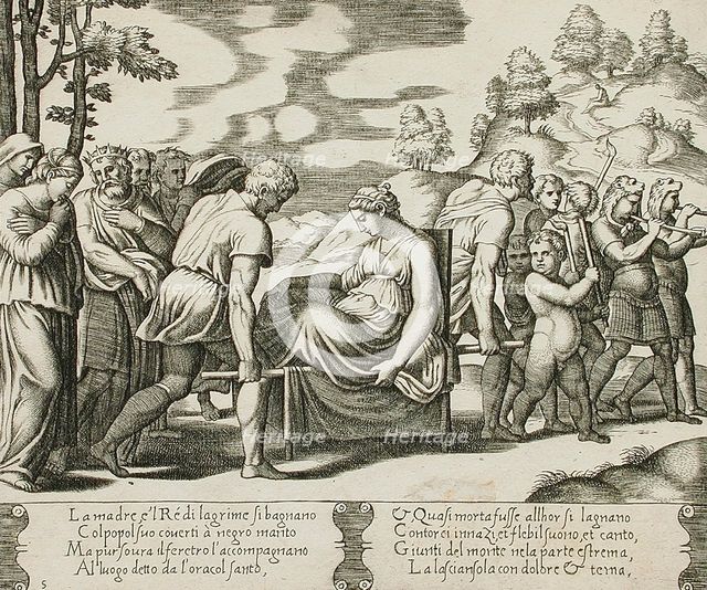 Psyche carried on a litter being taken to a mountain, between 1520 and 1535. Creator: Master of the Die.