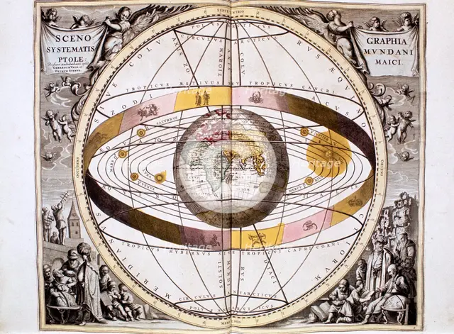 Ptolemaic (geocentric/Earth-centred) system of the Universe, 1708. Artist: Unknown