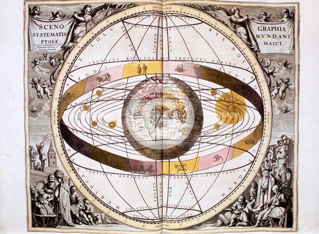 Ptolemaic (geocentric/Earth-centred) system of the Universe, 1708. Artist: Unknown