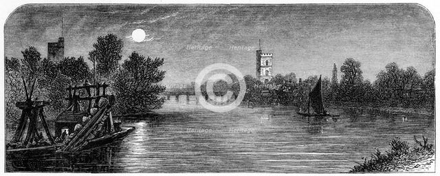 'Putney Bridge and Church by Moonlight', 1880. Artist: Robert Taylor Pritchett