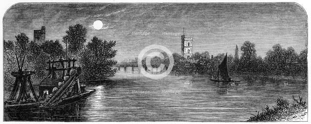 'Putney Bridge and Church by Moonlight', 1880. Artist: Robert Taylor Pritchett