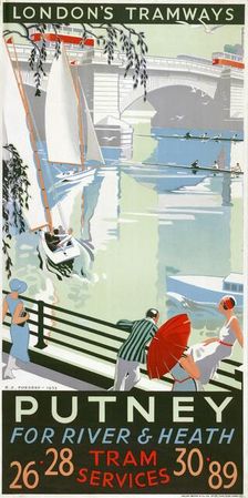 Putney, for River and Heath London County Council (LCC) Tramways poster, 1932. Artist: RF Fordred