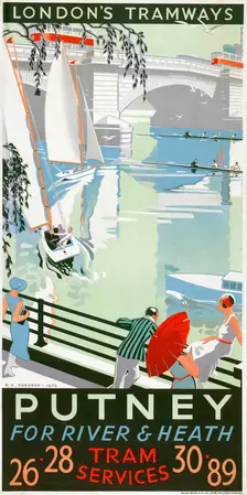 Putney, for River and Heath London County Council (LCC) Tramways poster, 1932. Artist: RF Fordred