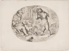 Putto at left by a fire, another at right carrying wood, an allegory of the seasons, ca.1650-80. Creator: Anon