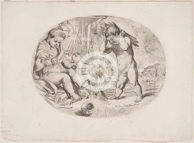 Putto at left by a fire, another at right carrying wood, an allegory of the seasons, ca.1650-80. Creator: Anon.