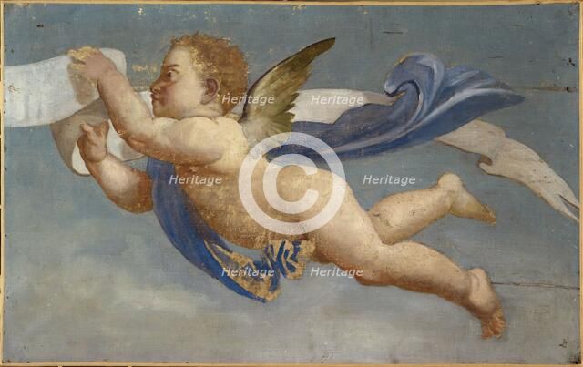 Putto holding parchment. Decorative painting, between 1801 and 1900. Creator: Unknown.
