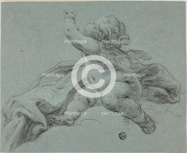 Putto Seated Beside Drapery, Reaching Upwards, n.d. Creator: Unknown.