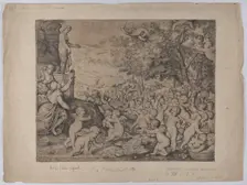 Putti before a statue of Venus; after Titian, 1636. Creator: Giovanni Andrea Podestà