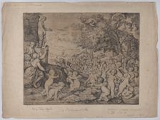 Putti before a statue of Venus; after Titian, 1636. Creator: Giovanni Andrea Podestà