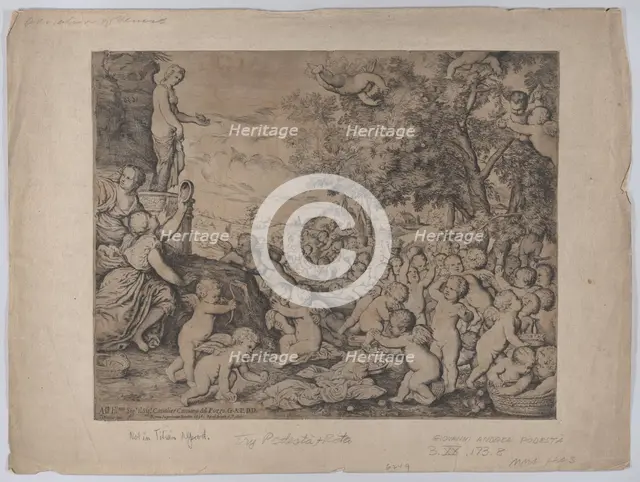 Putti before a statue of Venus; after Titian, 1636. Creator: Giovanni Andrea Podestà.
