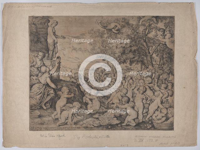 Putti before a statue of Venus; after Titian, 1636. Creator: Giovanni Andrea Podestà.