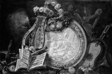 Putti Musicians in a Medallion, Surrounded by Musical Attributes, Flowers, and Fruit, 18th century. Creator: Unknown