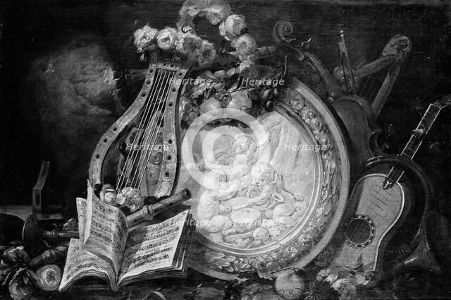 Putti Musicians in a Medallion, Surrounded by Musical Attributes, Flowers, and Fruit, 18th century. Creator: Unknown.