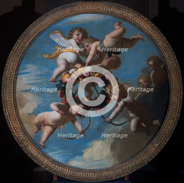 Putti with a Wreath of Flowers, c.1650. Creator: Workshop of Gerard van Honthorst.