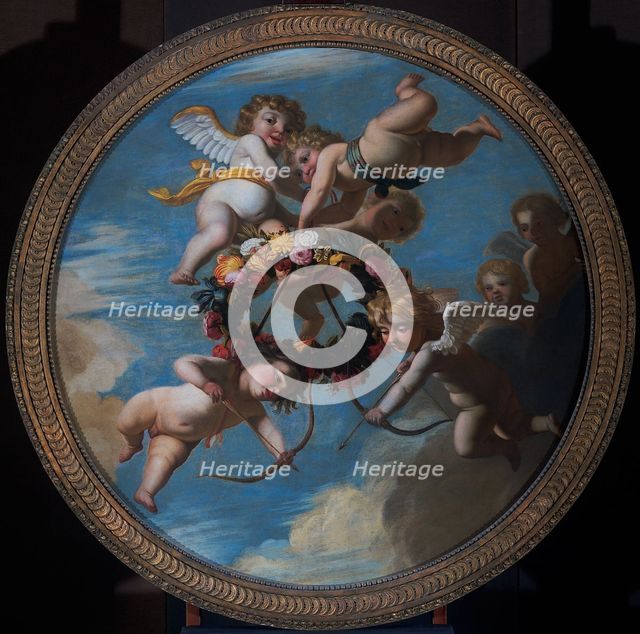 Putti with a Wreath of Flowers, c.1650. Creator: Workshop of Gerard van Honthorst.
