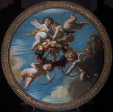 Putti with a Wreath of Flowers, c.1650. Creator: Workshop of Gerard van Honthorst