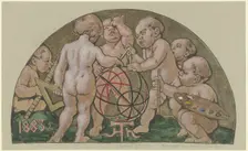 Putti with armillary sphere from the (destroyed) mosaic at the "Zum Kaiser Karl" house..., c1882-83. Creator: Hans Thoma