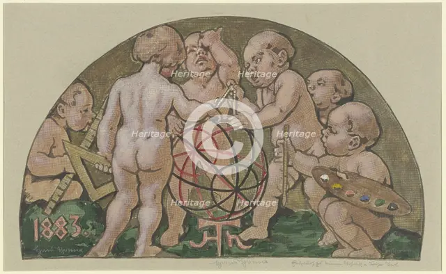 Putti with armillary sphere from the (destroyed) mosaic at the "Zum Kaiser Karl" house..., c1882-83. Creator: Hans Thoma.