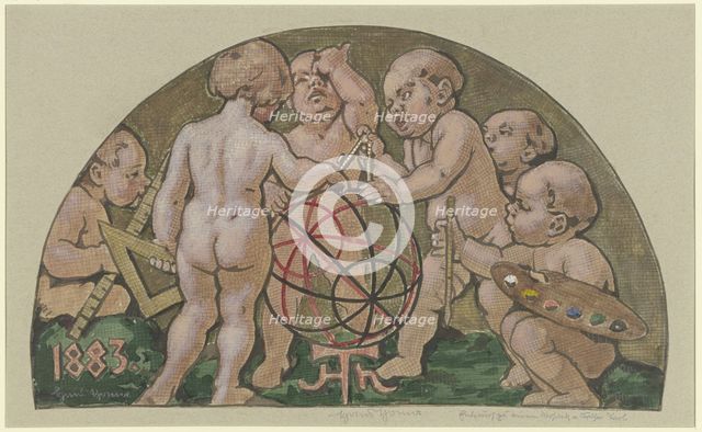 Putti with armillary sphere from the (destroyed) mosaic at the "Zum Kaiser Karl" house..., c1882-83. Creator: Hans Thoma.