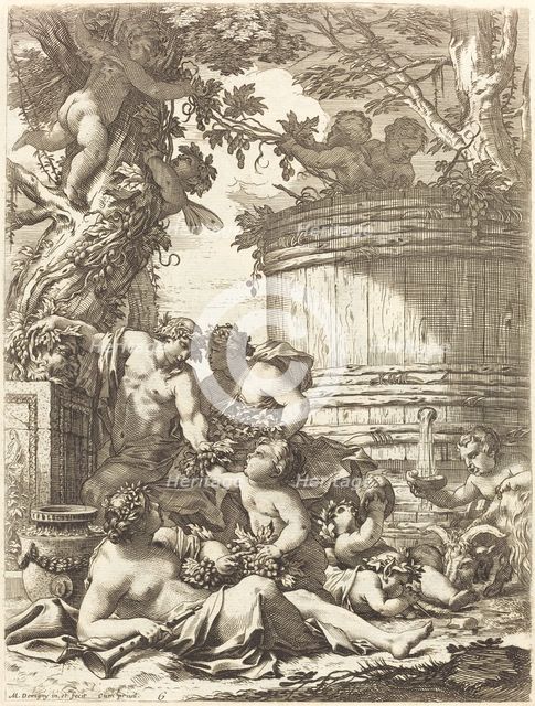 Putti with Grapes and a Seated Bacchante, 1650s. Creator: Michel Dorigny.