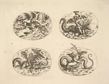 Putti with Sea Monsters, plates from the Neue Grotessken Buch, 1610. Creator: Christoph Jamnitzer