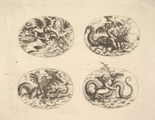 Putti with Sea Monsters, plates from the Neue Grotessken Buch, 1610. Creator: Christoph Jamnitzer