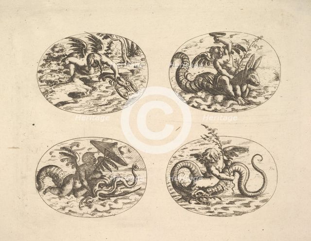 Putti with Sea Monsters, plates from the Neue Grotessken Buch, 1610. Creator: Christoph Jamnitzer.
