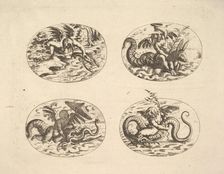Putti with Sea Monsters, plates from the Neue Grotessken Buch, 1610. Creator: Christoph Jamnitzer